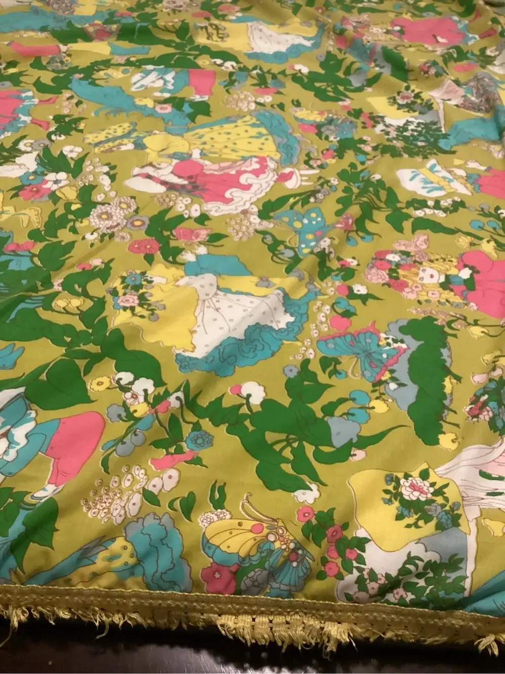 Vintage 70s Chartreuse Hot Pink Lightweight Full Size Bedspread Holly Hobbie